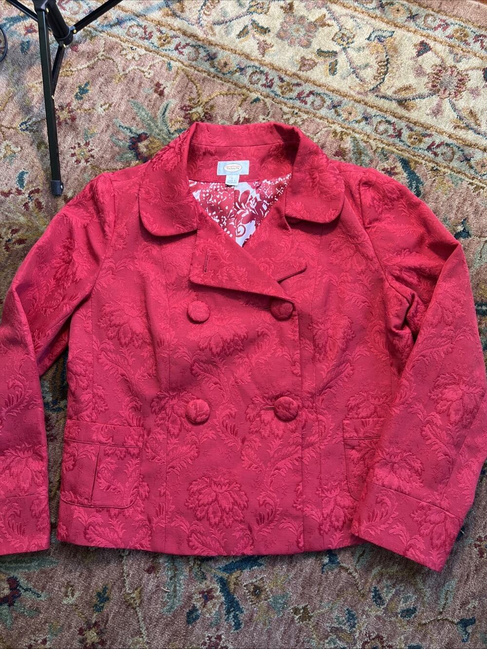 Talbots Red Floral Jacquard Brocade Double Breast Crop Jacket Vintage Chic Sz L
